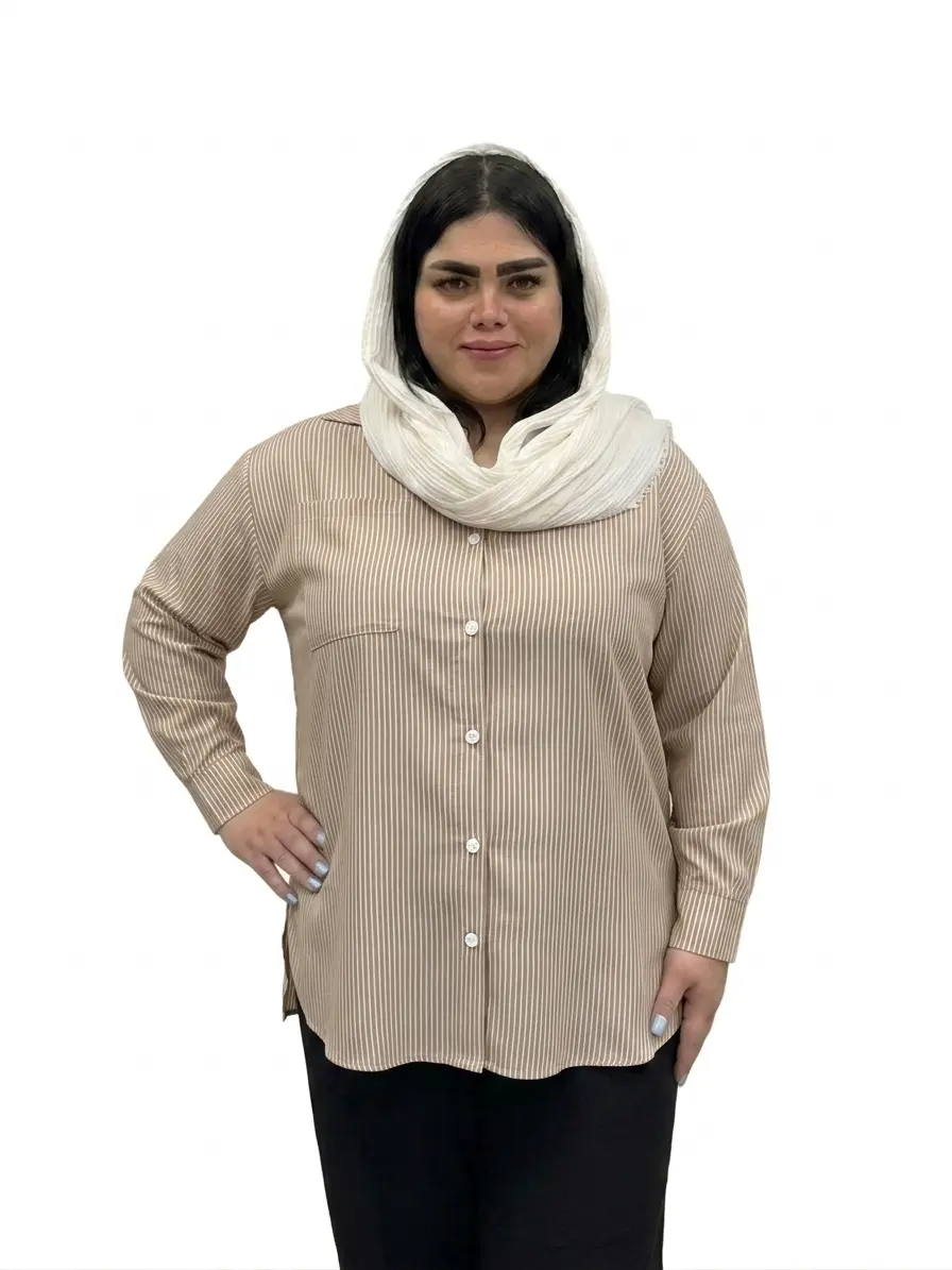 شومیز نخی راه راه یقه دار سایز بزرگ زنانه